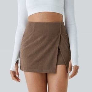 HALARA Brown Corduroy Split-Hem Mini Skirt